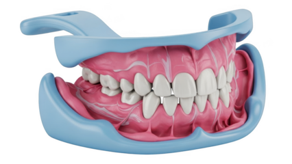 Dental mouth gag with white teeth and pink gums on black oral hygiene