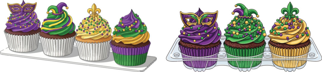 Mardi Gras Cupcake Set with Masquerade Mask and Jester Hat