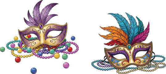 Ornate Mardi Gras Masquerade Masks with Festive Beads