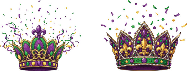 Mardi Gras Royal Crown Vector Set with Colorful Confetti