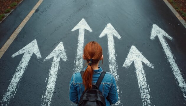 Young woman with backpack stands before white arrows painted on asphalt road surface. Girl faces multiple paths, symbolizing choice and future career decisions. Diversity of opportunity concept.