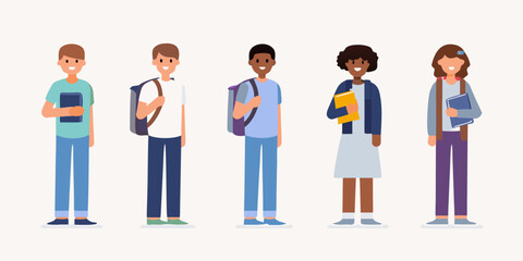 Diverse group of students standing in a row carrying school supplies