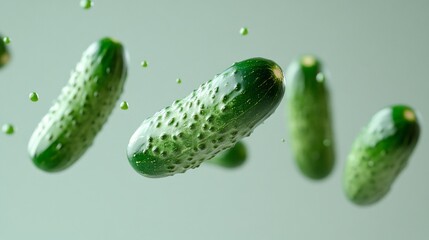 Flying cucumbers on a light background would be a cool backdrop for food blogs or healthy eating ads.