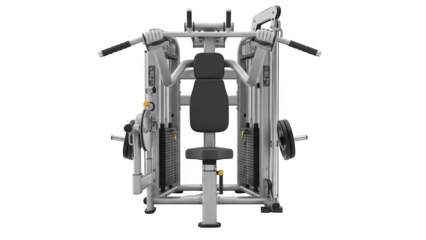 Gray and black gym machine with weight stacks and padded seat gym equipment fitness machine