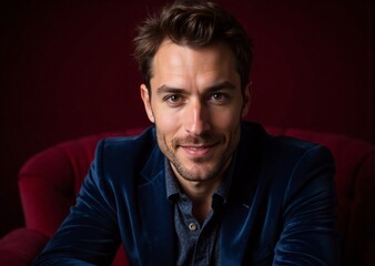 Fototapeta premium Man in blue suit and shirt sits on red chair against dark red background, smiling softly.