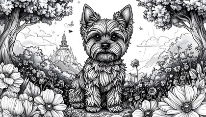 Ornate rendering of a dog sitting in a flower meadow with trees and distant building, grayscale art