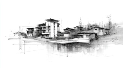 Architectural drawing of buildings, lake, and trees in grayscale