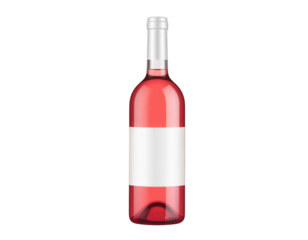 A sleek bottle of rose wine featuring a prominent white label, showcasing its vibrant pink hue.