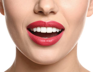 A close-up of a woman's smiling mouth, featuring vibrant red lipstick and white teeth against a black background.