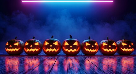 Seven Carved Jack O' Lanterns Glowing on a Dark Wooden Floor With Neon Lights
