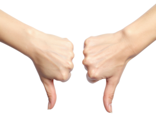Two hands giving a thumbs-down gesture, symbolizing disapproval or negativity.