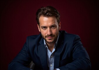 Fototapeta premium Man in dark suit with striped shirt, serious expression, against deep red background.