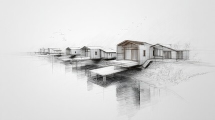 Architectural sketch of waterfront cabins, peaceful setting
