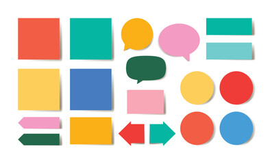 Set of colorful blank sticky notes and labels collection on glass wall or blackboard.