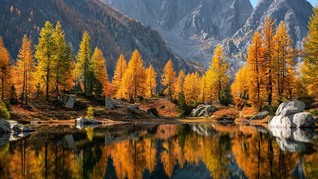 4K Vibrant golden larches reflecting in a calm alpine lake surrounded by rugged mountains during peak autumn season video