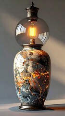 Ornate lamp with sphere bulb atop a textured vase, warm glow, neutral background, soft lighting