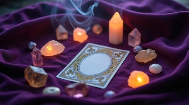 Escena m&iacute;stica con una carta de tarot en blanco sobre una tela de terciopelo rodeada de cristales