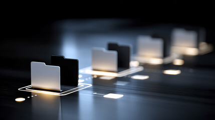 Digital folder network connection data, glowing file icon on dark background, modern technology concept, 3d render illustration