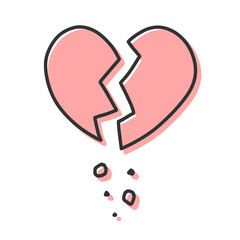 ひび割れて破片がボロボロと落ちているハートの手描きイラストアイコン 版ズレ 赤