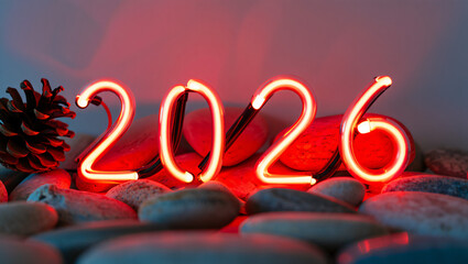 Red neon 2026 sign on stones with pine cone