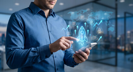 Man using smartphone with digital business icons and graph