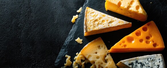 Assorted cheese wedges arranged on a dark, textured surface, offering a culinary visual