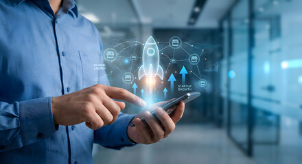 man holding smartphone with glowing rocket icons