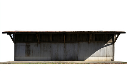 Old wooden shed, rustic storage building, weathered wall structure on white background with dramatic shadow creating lonely mood