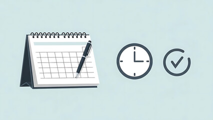 A calendar with a pen on a clean background indicating scheduling and planning with a clock and checkmark symbolizing time management
