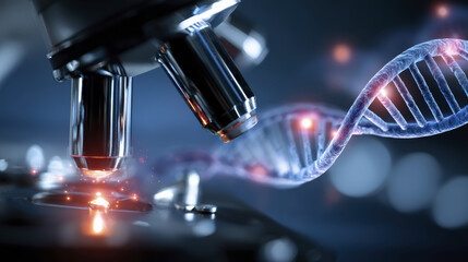 Genetic research microscope focus on dna helix laboratory science technology blue light detail