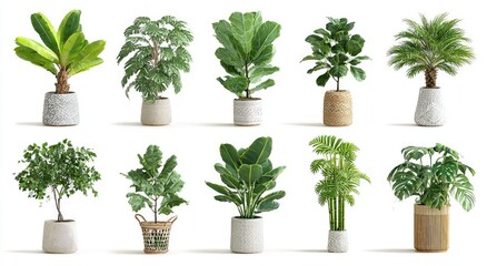 Assorted potted plants with lush green foliage, isolated on a white background, showcasing botanical diversity