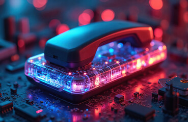 Futuristic phone receiver sits on glowing circuit board. Neon lights pulse on transparent base. Abstract tech background shows digital data flow. Advanced communication concept.