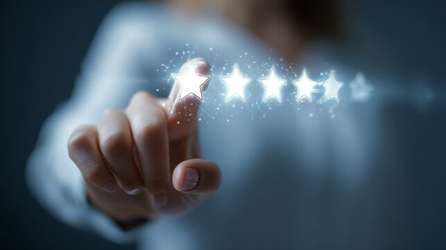 Person's finger touches a glowing star, representing high rating. Other stars, like a line of digital data, are also visible - Powered by Adobe