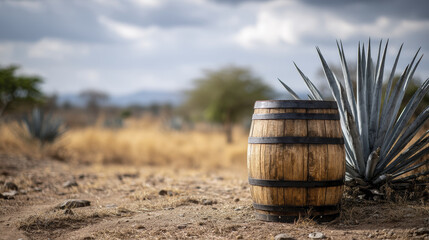 Wooden barrel agave field tequila barrel wood Mexican plant desert rustic landscape countryside nature sky outdoor dry season