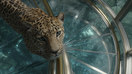 Leopard teal glass metal spiral staircase surreal wildlife leopard teal glass metal spiral staircase surreal wildlife cat big predator feline