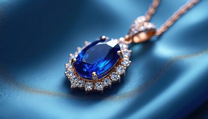 Oval cut blue sapphire gemstone pendant necklace with diamonds set in gold on silk fabric. Elegant luxury jewelry for women fashion accessory.