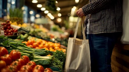 Man Holding Canvas Tote Bag Fresh Vegetable Market Tomatoes Greens Peppers Shopping Indoor Produce Stall