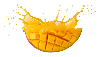 Mango fruit with yellow juice splash isolated on transparent background