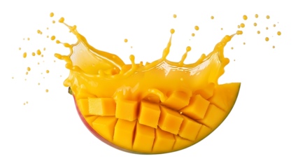 Mango fruit with yellow juice splash isolated on transparent background