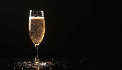 Bubbly champagne fills a crystal glass on a dark surface with scattered glitter. This elegant drink is perfect for celebrations like holidays, anniversaries, or parties.