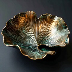 Ornate, leaf-shaped bronze bowl with verdigris patina, featuring distinct radial striations on its surface