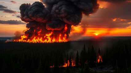 A massive forest fire creates a huge column of smoke against the dramatic sunset sky