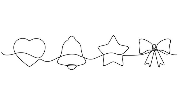 Animated self drawing of continuous one line drawing Four festive christmas cookie cutter shapes silhouette, Video. Festoon, garland with bulbs drawing with one editable continuous line. Festive, pro.