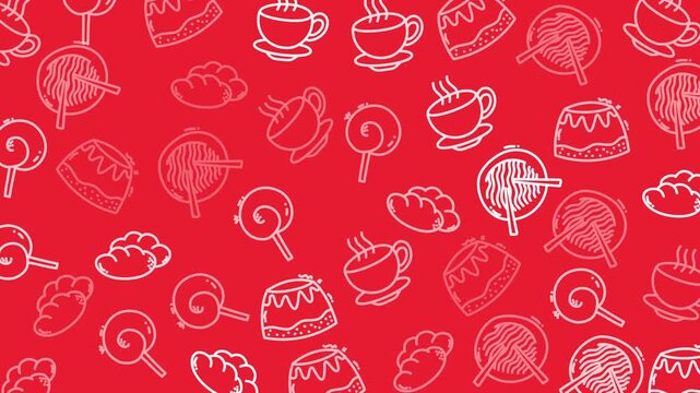 Drawings of sweets like lollipops, cake, and coffee on a red background. Perfect for confectionery advertisements, menus, and packaging design.