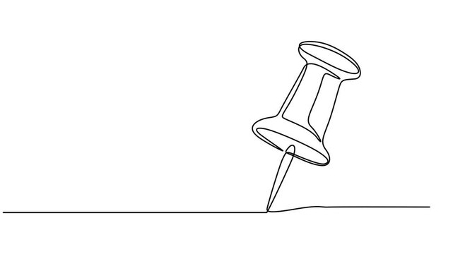 Video. Pushpin. Paper pin continuous one line drawing animation. Full length single line art 4K animation, Self animated continuous line drawing of a pushpin or thumbtack, Push pin single line art pro