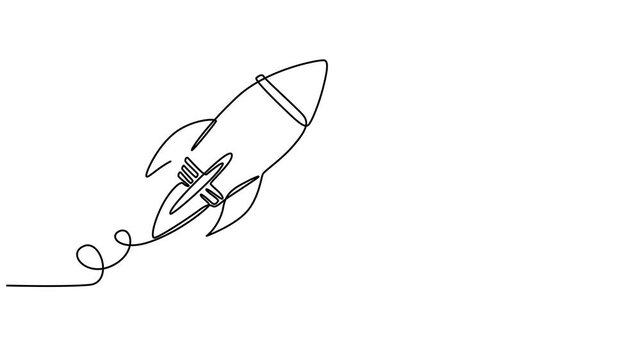 Animated self drawing of one continuous line draw simple retro spacecraft flying up to the outer space nebula, Full length single line animation, Rocket space ship launch into minimalist style pro.