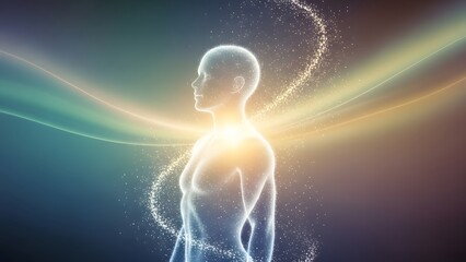 A glowing silhouette of a human figure representing consciousness and spiritual energy
