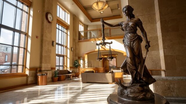 Sunlight Streaming Through Large Windows Illuminating Elegant Justice Statue in Spacious Courthouse Lobby