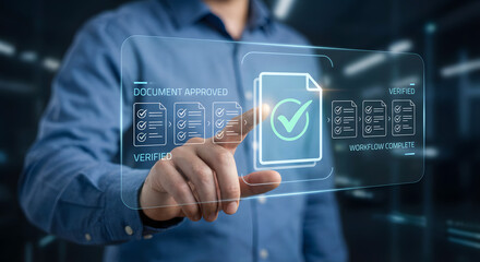businessman interacting with digital document verification interface