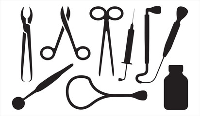 Dental and medical instrument silhouettes including syringe scissors and forceps vector set